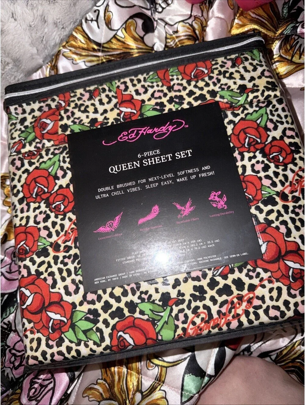 ED HARDY Queen Sheet Set 6pc New Flowers Roses Leopard Cheetah Tattoo Grunge Y2K